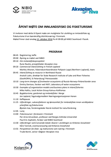 Åpent møte om innlandsfiske og fisketurisme i Finnmark -  NIBIO Svanhovd i Pasvik, 12. oktober 2016