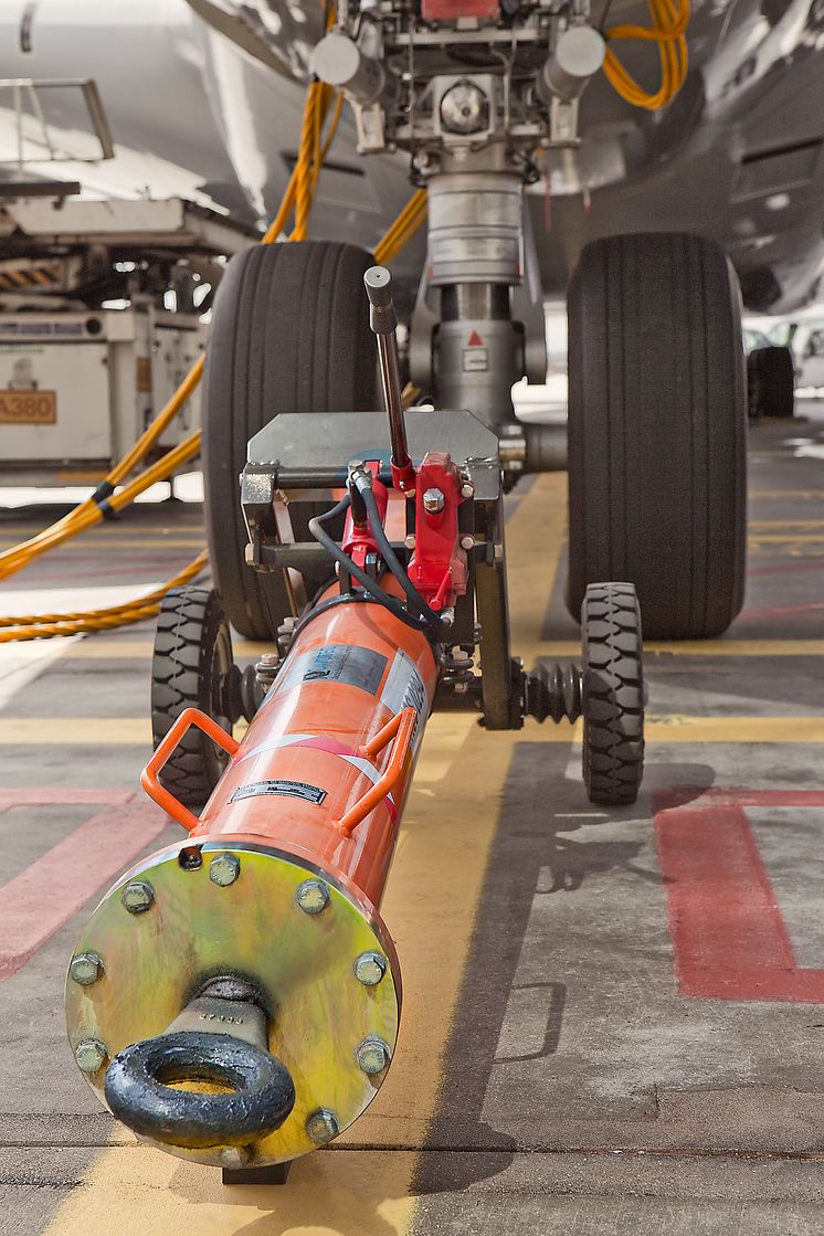 A Cavotec tow bar is used to pull an A380 aircraft at Frankfurt Airport