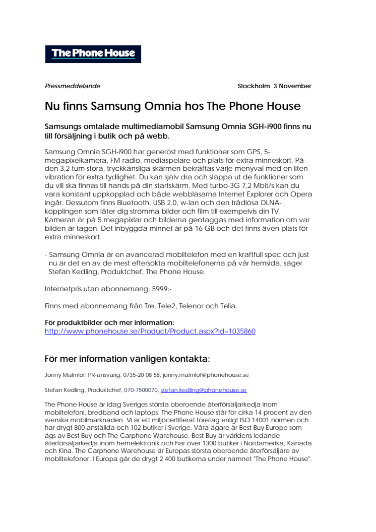 Nu finns Samsung Omnia hos The Phone House 