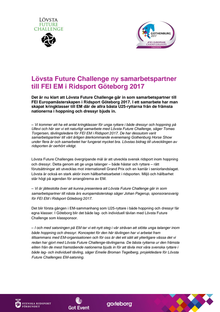 Lövsta Future Challenge ny samarbetspartner till FEI EM i Ridsport Göteborg 2017