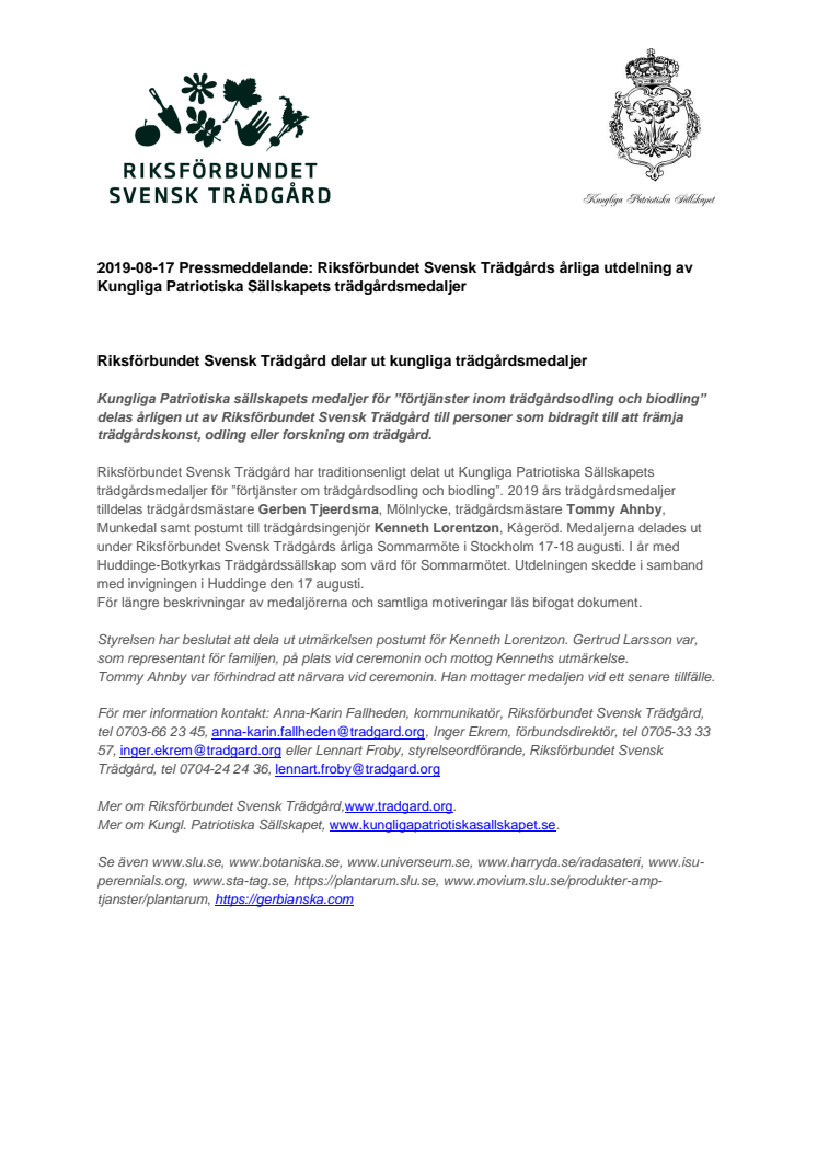 Riksförbundet Svensk Trädgård delar ut kungliga trädgårdsmedaljer