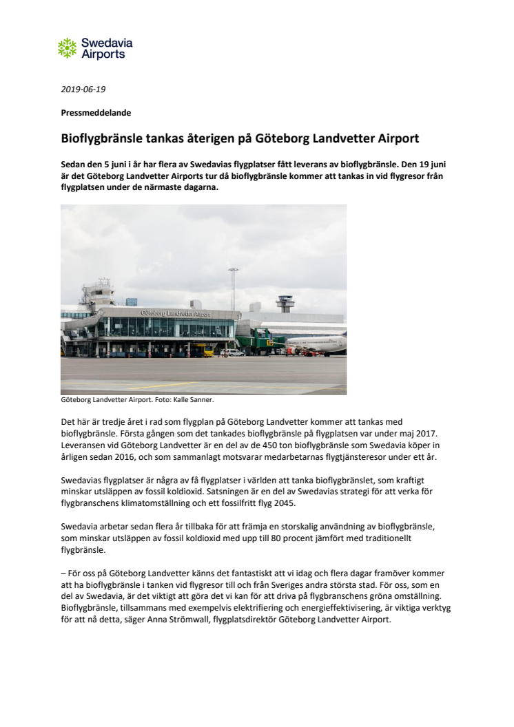 Bioflygbränsle tankas återigen på Göteborg Landvetter Airport