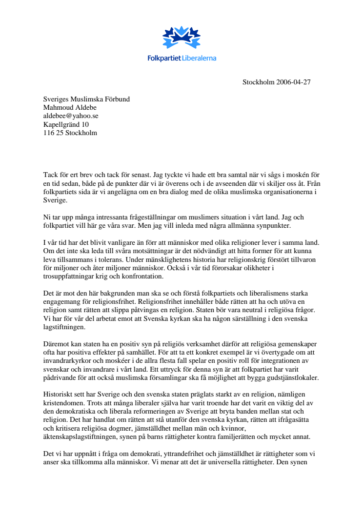 Svar från Folkpartiet på brev från Sveriges Muslimska förbund
