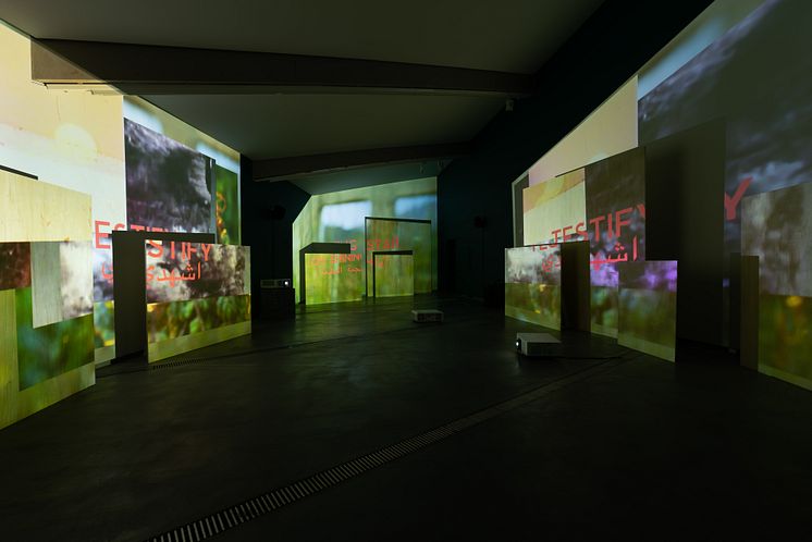 Exhibition view, Basel Abbas og Ruanne Abou-Rahme, An echo buried deep deep down but calling still, 2023. 