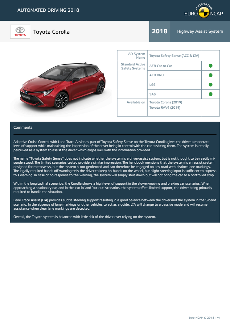 Automated Driving 2018 - Toyota Corolla datasheet - October 2018