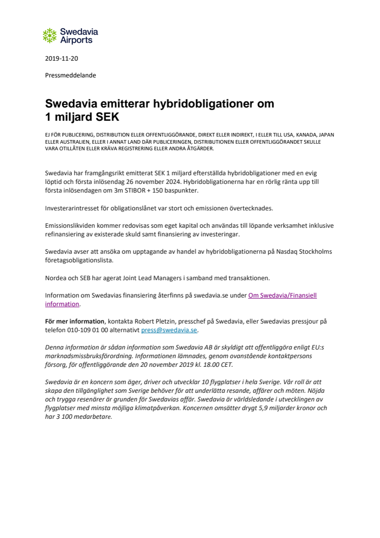 Swedavia emitterar hybridobligationer om 1 miljard SEK