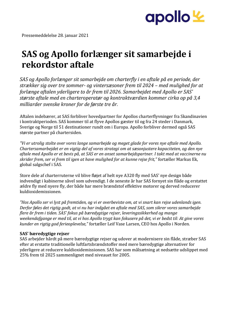 SAS og Apollo forlænger sit samarbejde i rekordstor aftale 
