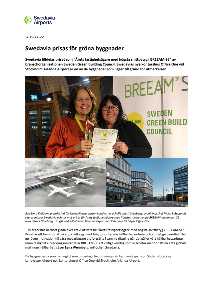 Swedavia prisas för gröna byggnader 