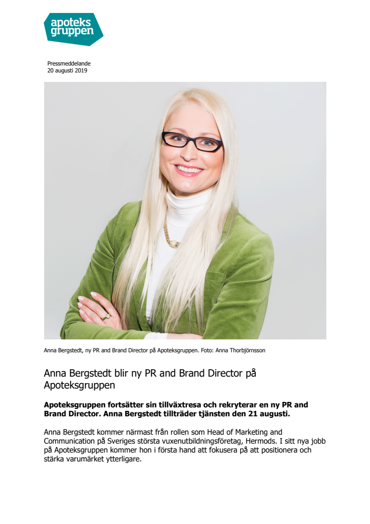 Anna Bergstedt blir ny PR and Brand Director på Apoteksgruppen