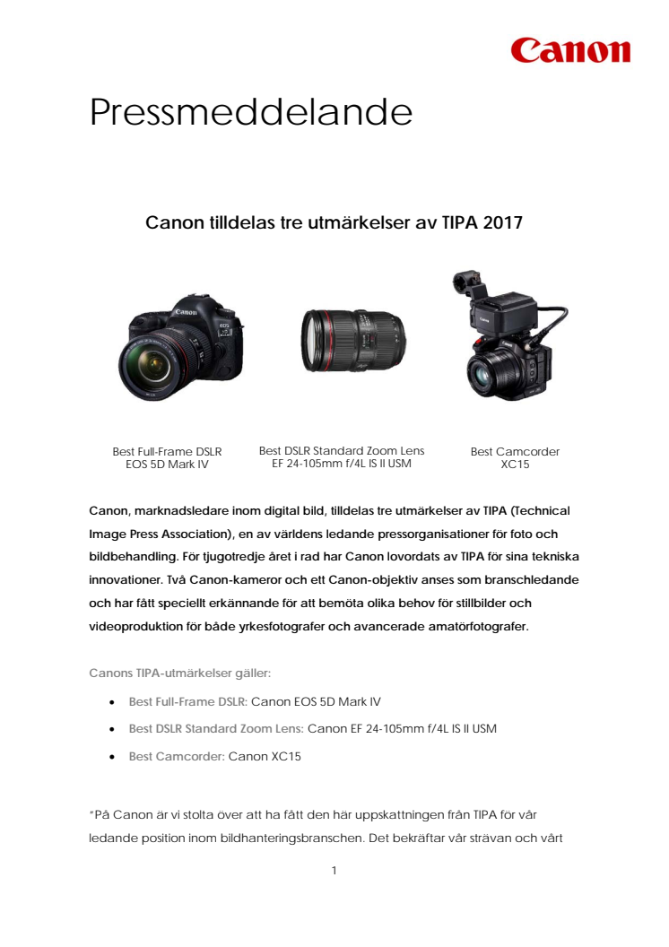 Canon tilldelas tre utmärkelser av TIPA 2017