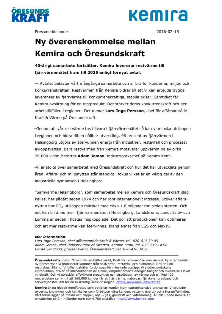 Ny överenskommelse mellan Kemira och Öresundskraft