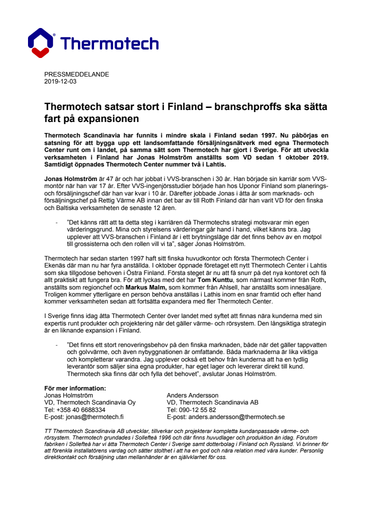 Thermotech satsar stort i Finland – branschproffs ska sätta fart på expansionen