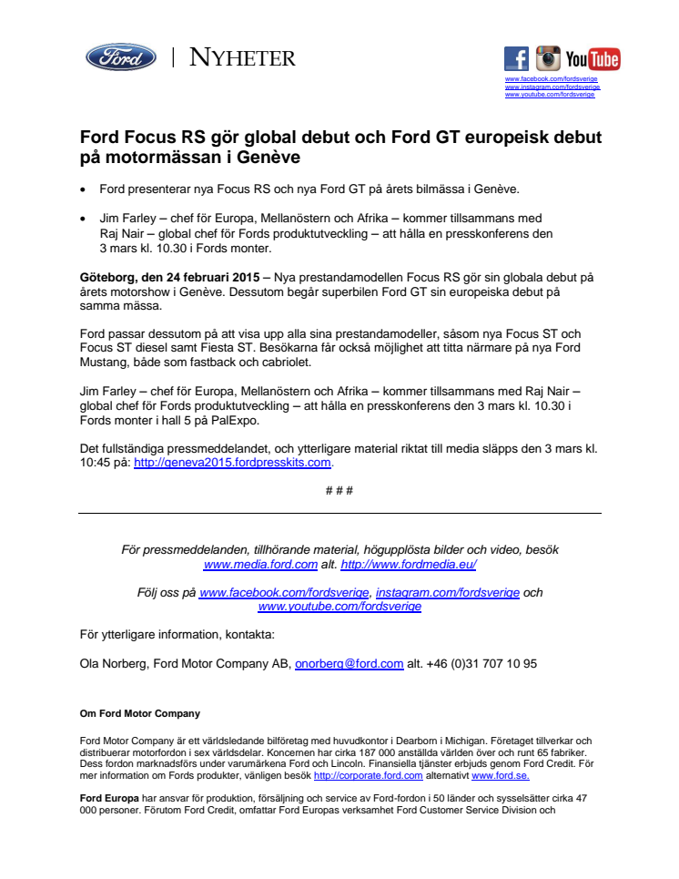 Ford Focus RS gör global debut och Ford GT europeisk debut på motormässan i Genève