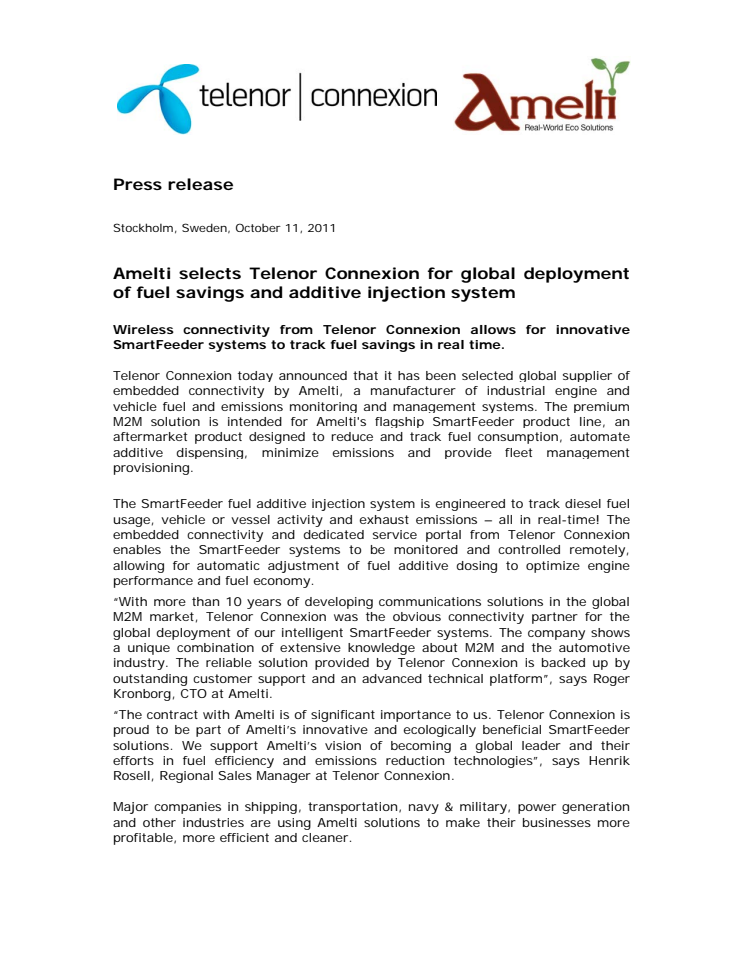 Amelti selects Telenor Connexion for global deployment of fuel savings and additive injection system