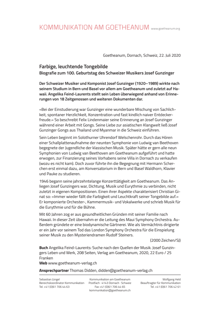 Farbige, leuchtende Tongebilde: Biografie zum 100. Geburtstag des Schweizer Musikers Josef Gunzinger