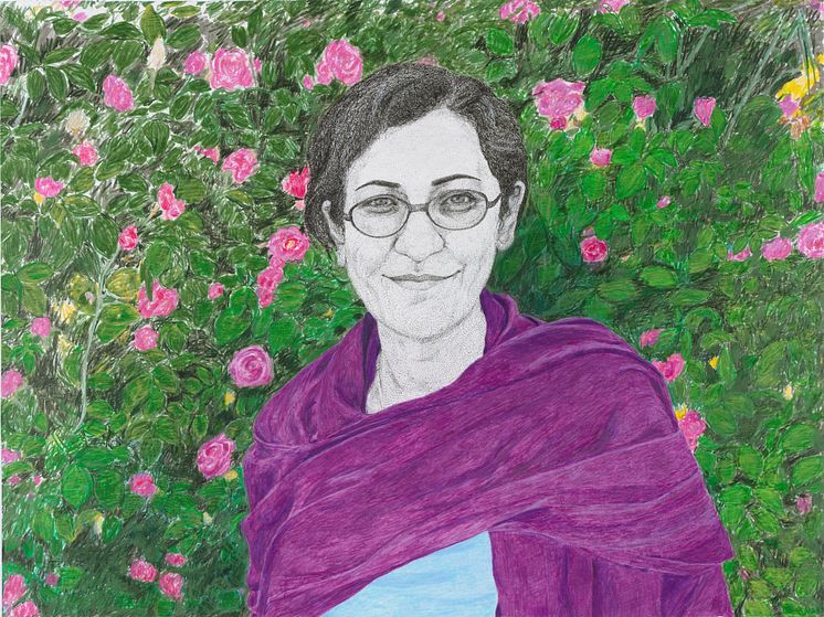 Gelawesh Waledkhani, Nagihan Arkasel, 2023. Tusj, blekk og fargeblyant på akvarellpapir. © Gelawesh Waledkhani