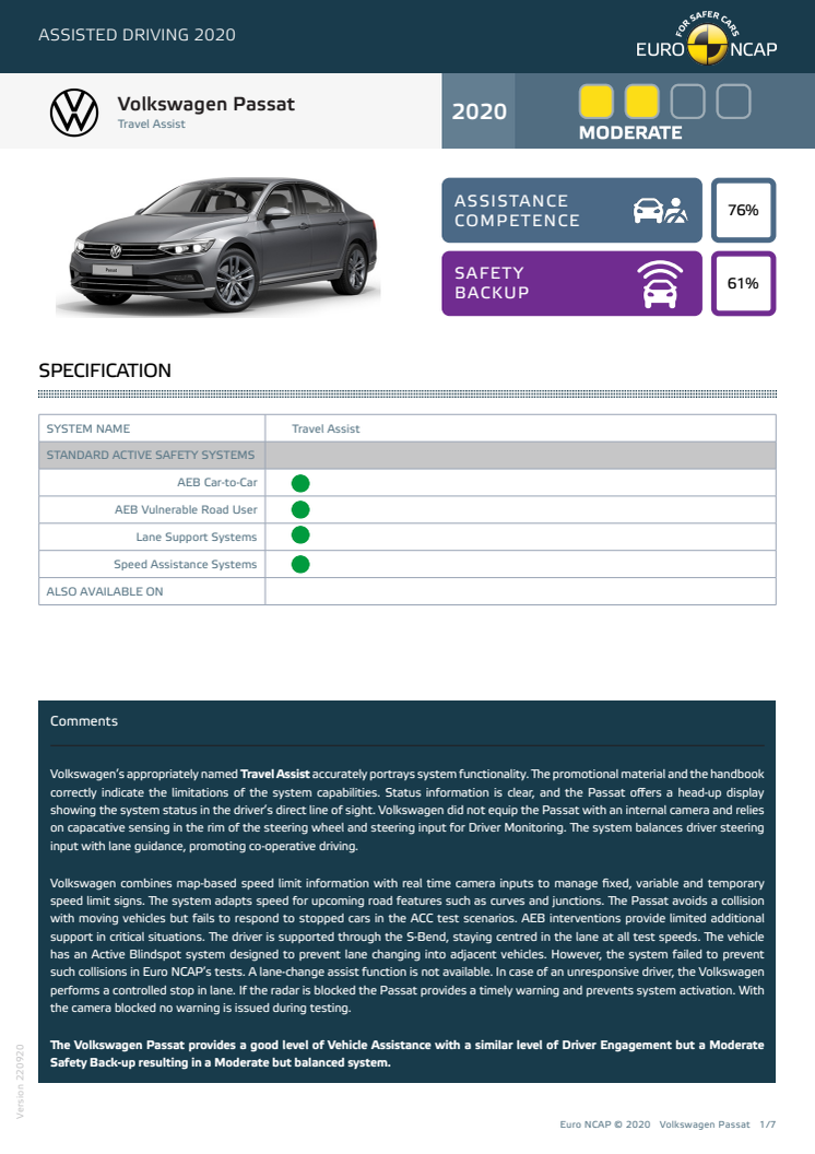 Volkswagen Passat Euro NCAP Assisted Driving Grading datasheet