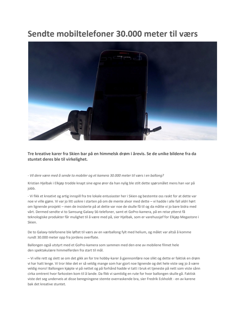 Sendte mobiltelefoner 30.000 meter til værs - SE VIDEO