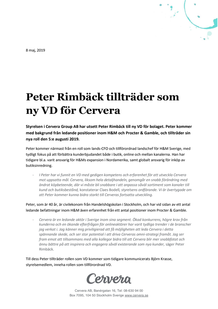 Peter Rimbäck tillträder som ny VD för Cervera