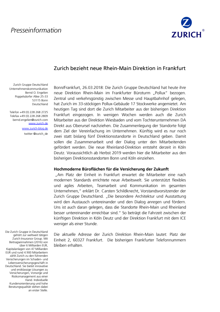 Zurich bezieht neue Rhein-Main Direktion in Frankfurt