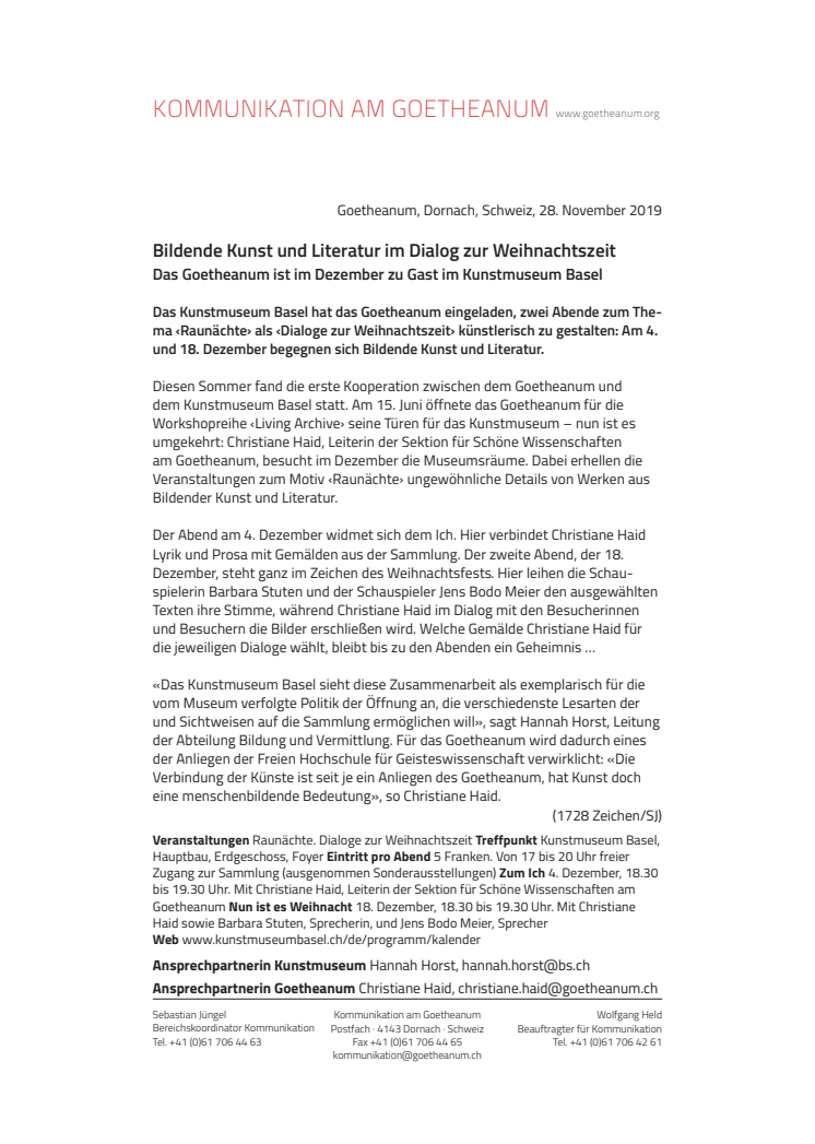Bildende Kunst und Literatur im Dialog zur Weihnachtszeit. ​Das Goetheanum ist im Dezember zu Gast im Kunstmuseum Basel