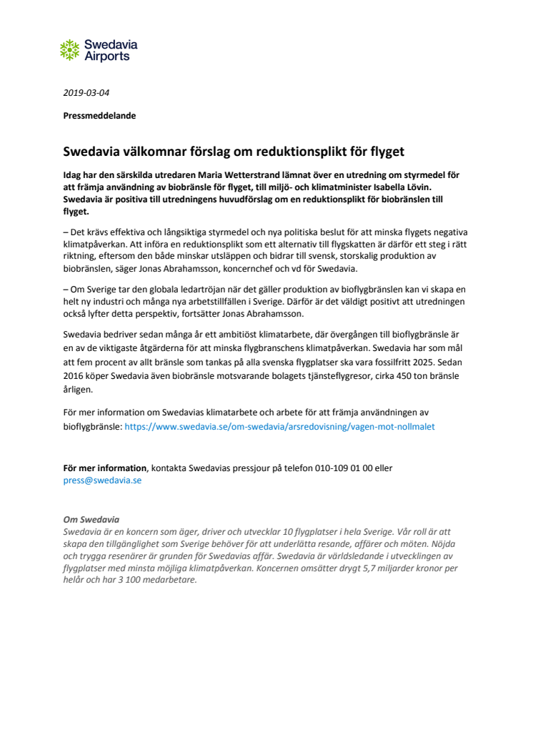 Swedavia välkomnar förslag om reduktionsplikt för flyget