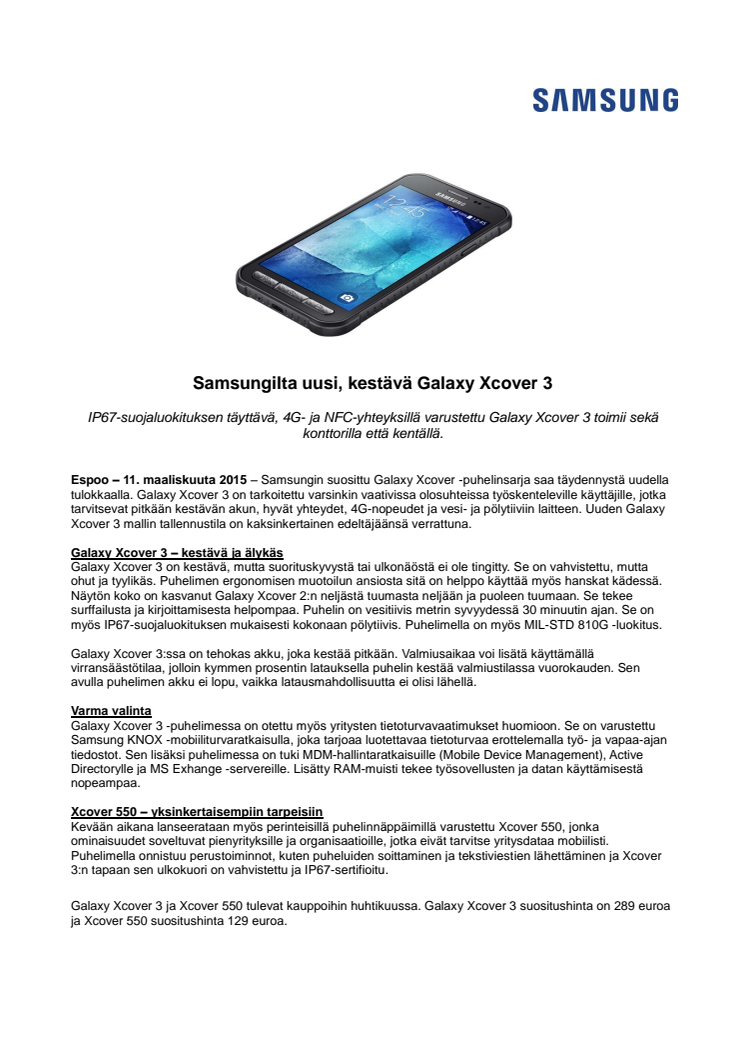 ​Samsungilta uusi, kestävä Galaxy Xcover 3
