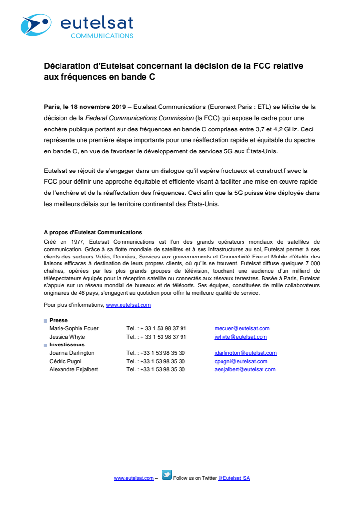 Déclaration d’Eutelsat concernant la décision de la FCC relative aux fréquences en bande C 