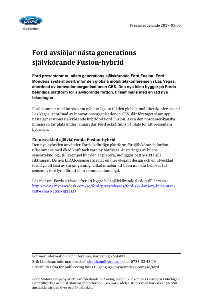 Ford avslöjar nästa generations självkörande Fusion-hybrid
