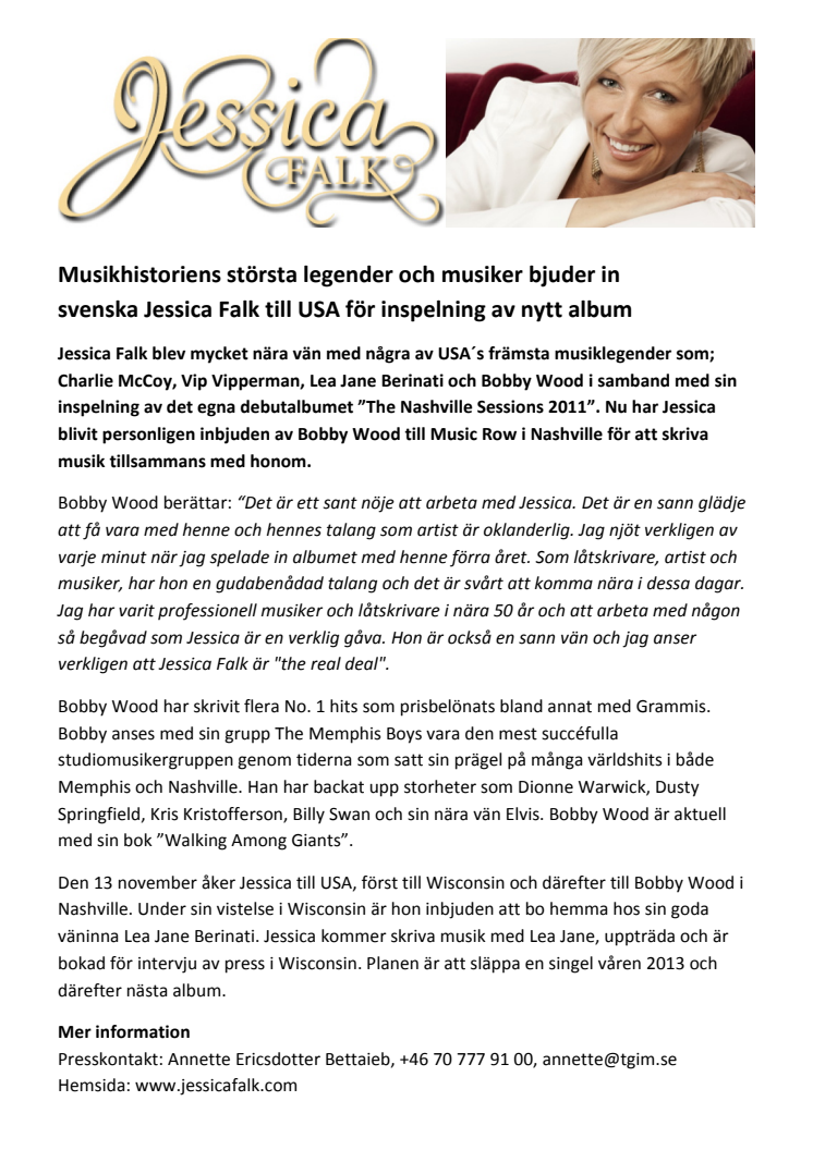 Musikhistoriens största legender och musiker bjuder in svenska Jessica Falk till USA för inspelning av nytt album 