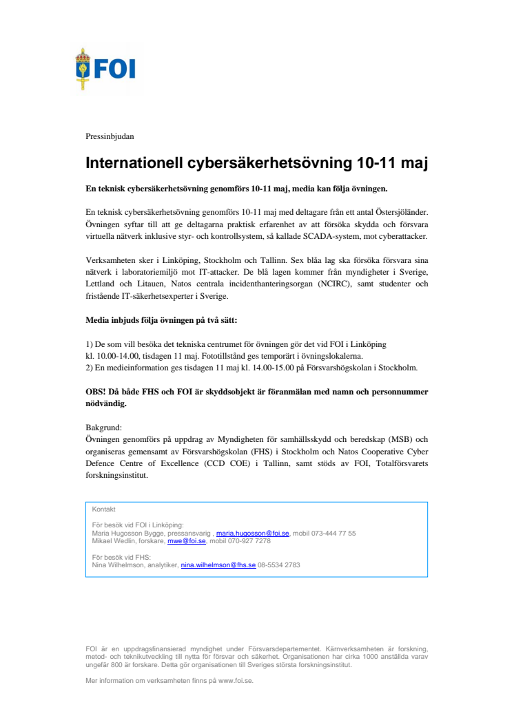 Pressinbjudan: Internationell cybersäkerhetsövning 10-11 maj