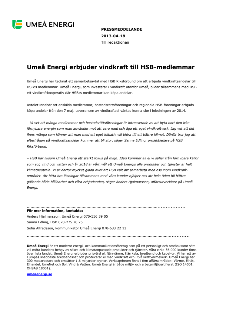 Umeå Energi erbjuder vindkraft till HSB-medlemmar