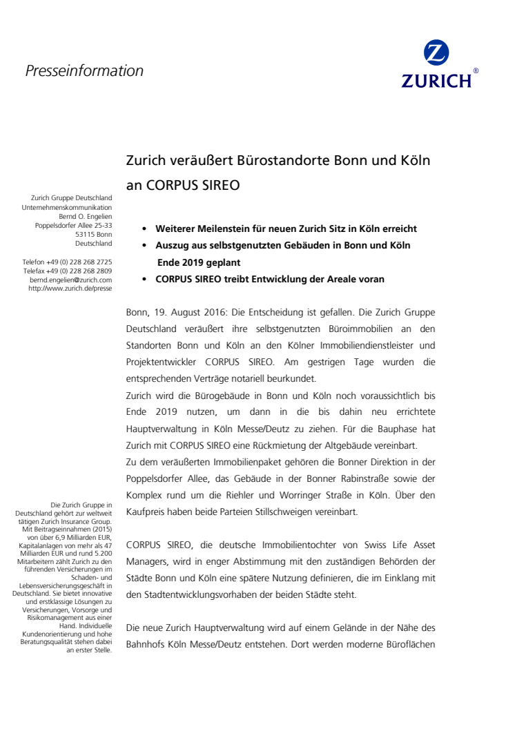 Zurich veräußert Bürostandorte Bonn und Köln an CORPUS SIREO