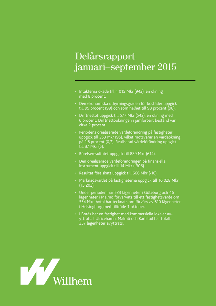 Willhems delårsrapport januari-september 2015