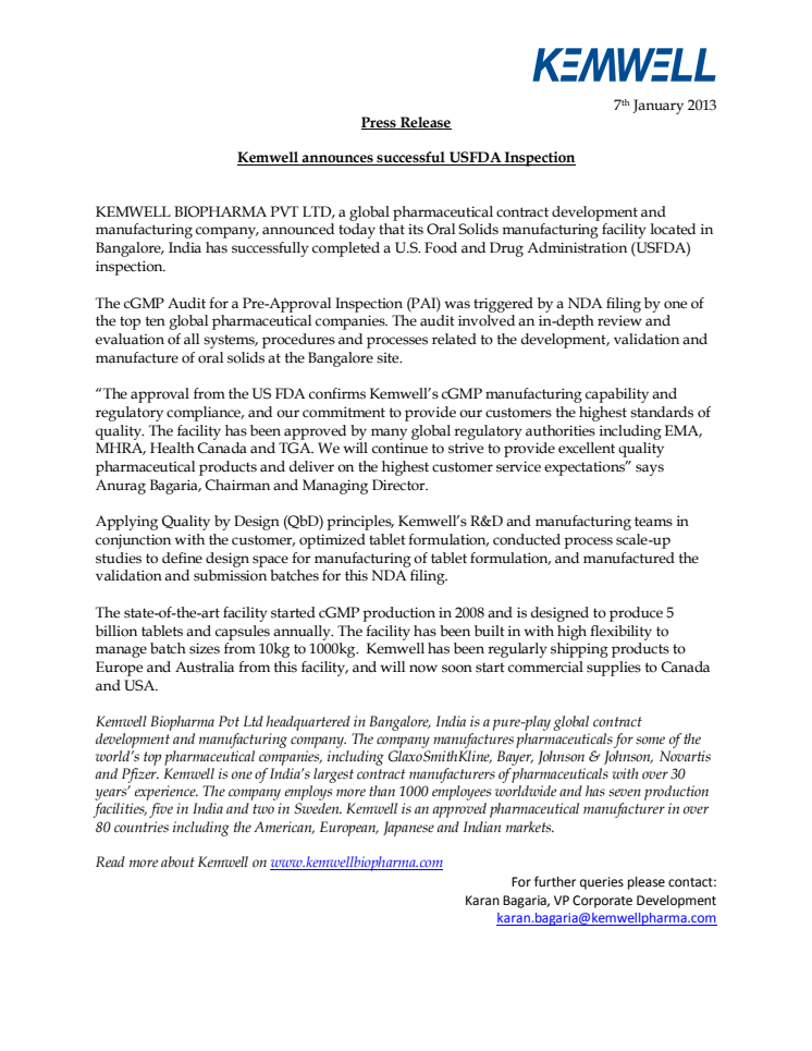 Kemwell announces successful USFDA Inspection