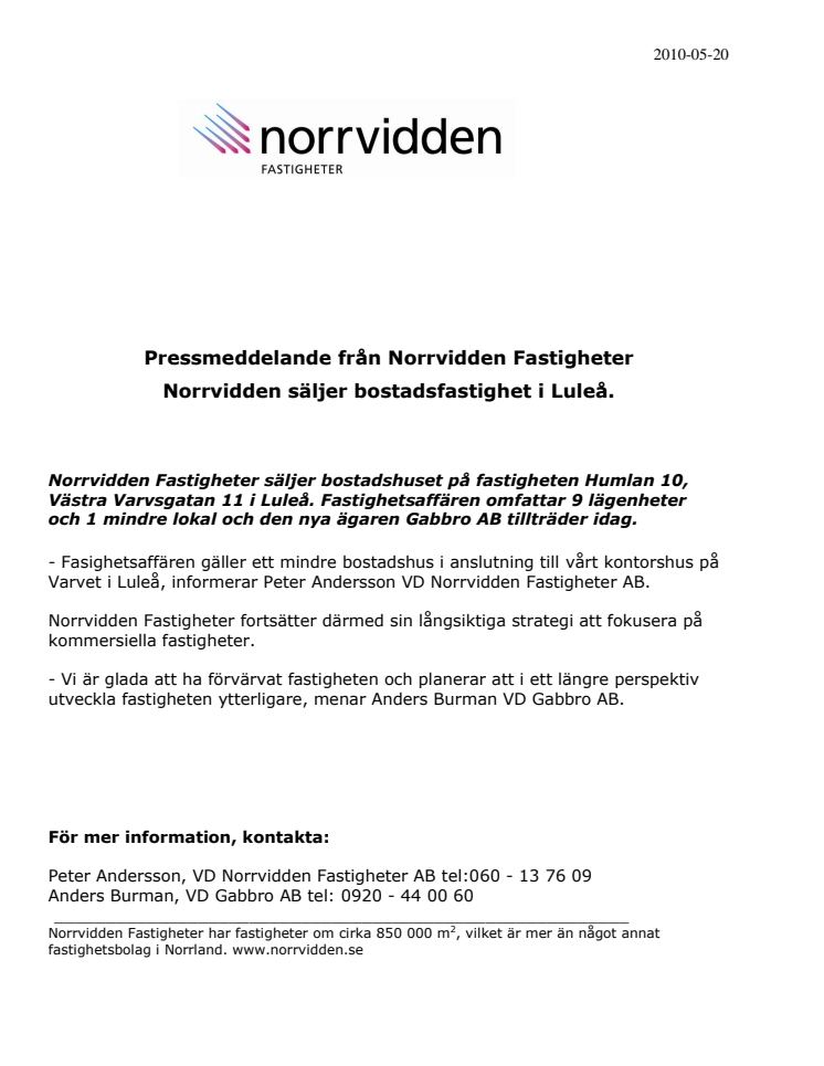 Norrvidden säljer bostadsfastighet i Luleå