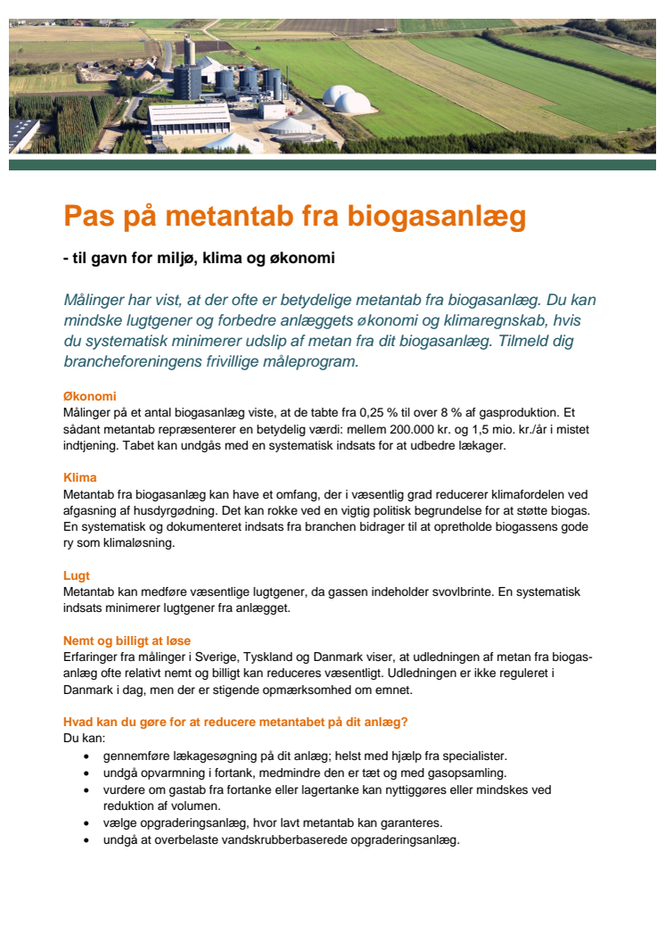 Faktaark: Pas på metantab fra biogasanlæg