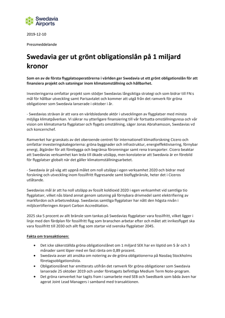 Swedavia ger ut grönt obligationslån på 1 miljard kronor