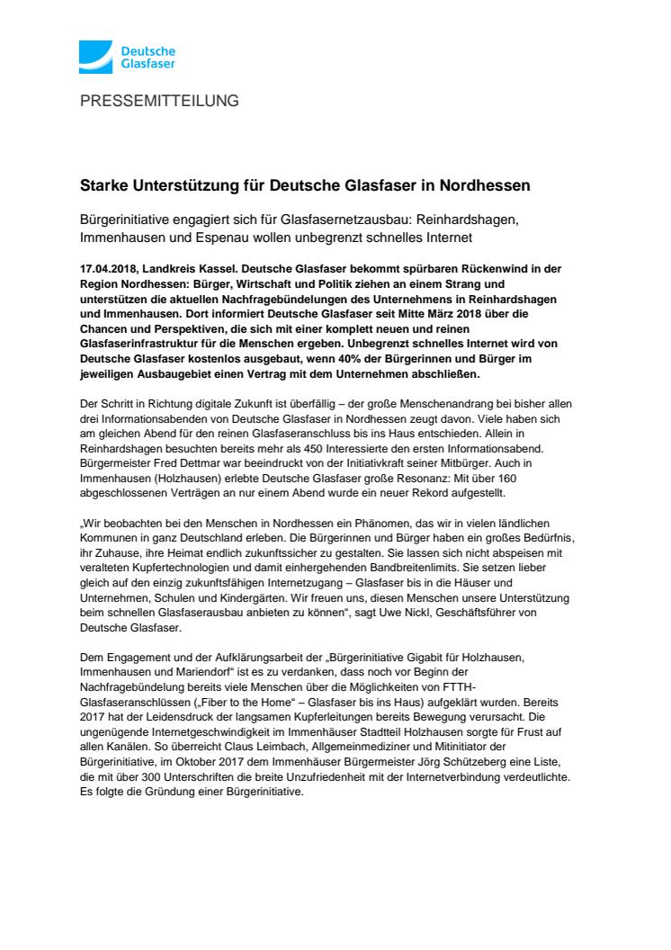 Starke Unterstützung für Deutsche Glasfaser in Nordhessen