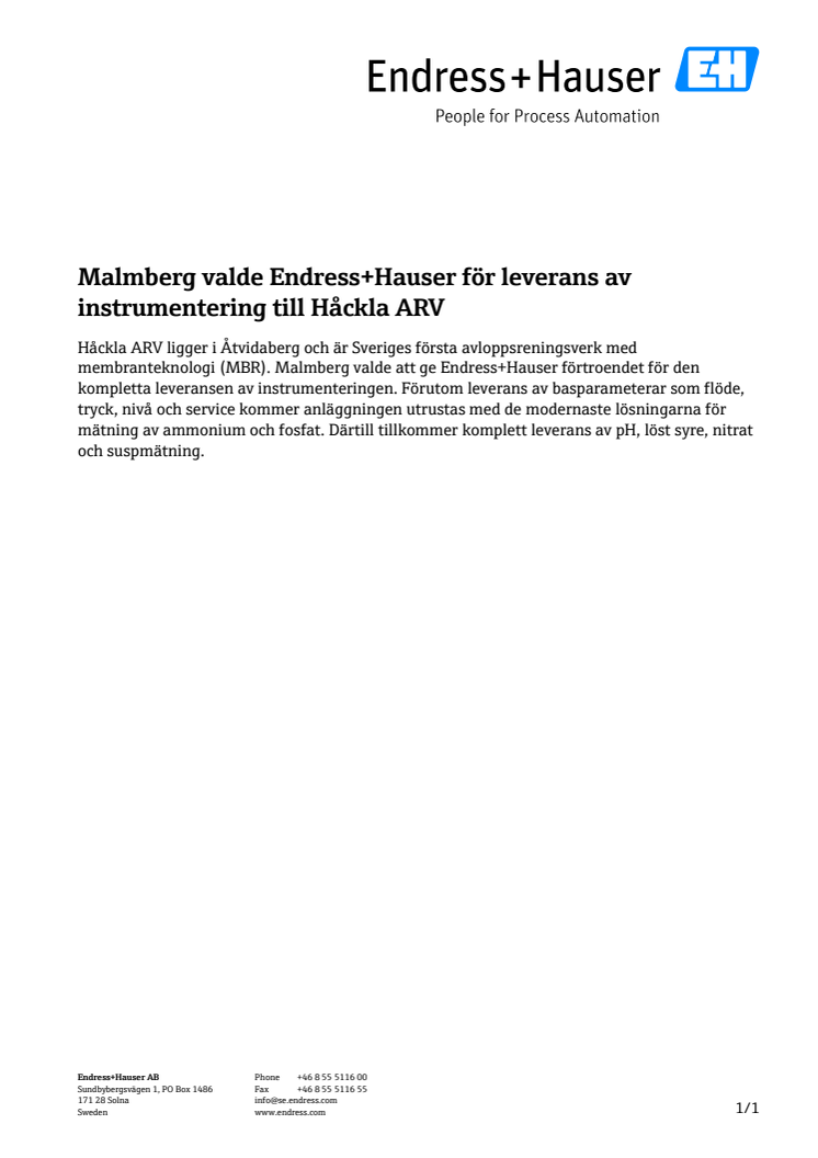 Malmberg valde Endress+Hauser instrumentering till Håckla ARV