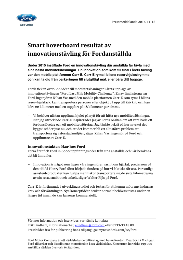 Smart hoverboard resultat av innovationstävling för Fordanställda