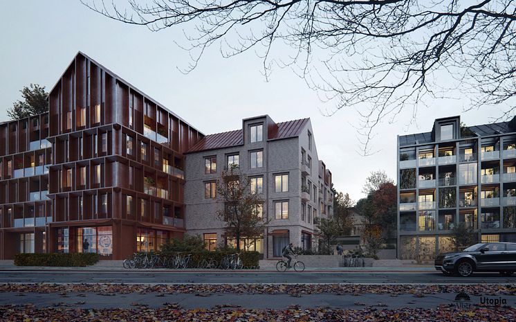 Arkitektskiss av bostäder i slänten mellan Kasernhöjden och Tingvalla isstadion