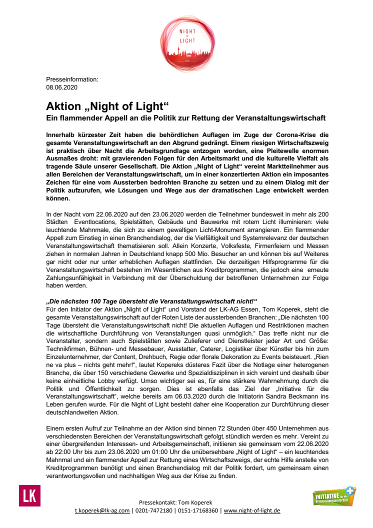Aktion „Night of Light“ | Ein flammender Appell an die Politik zur Rettung der Veranstaltungswirtschaft