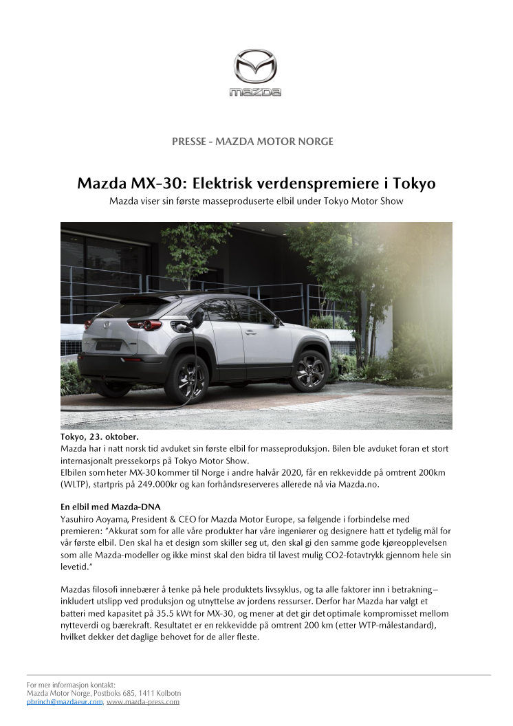 Mazda MX-30: Elektrisk verdenspremiere i Tokyo