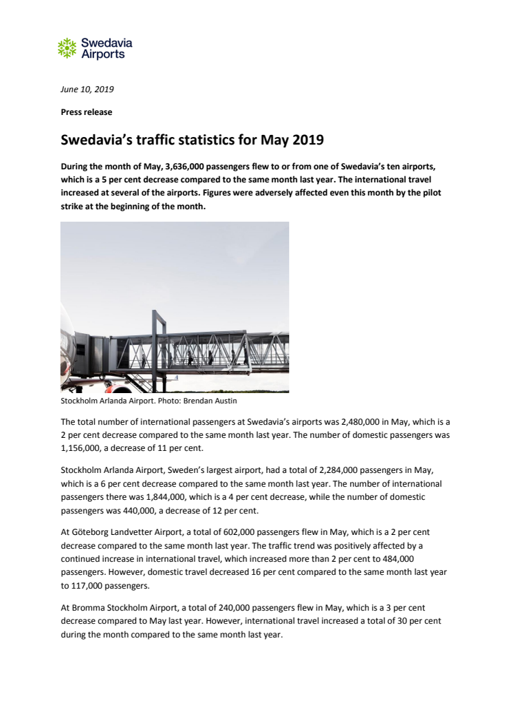 Swedavia’s traffic statistics for May 2019