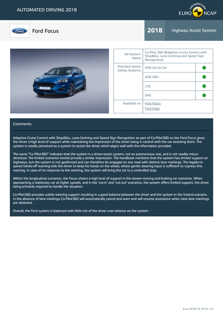 Automated Driving 2018 - Ford Focus datasheet - October 2018