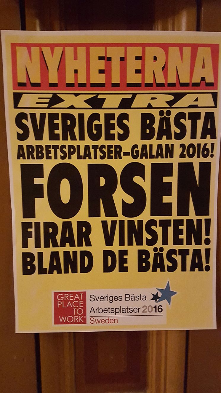 Forsen på plats 12, 2016. Sveriges bästa arbetsplatser. (GPTW)