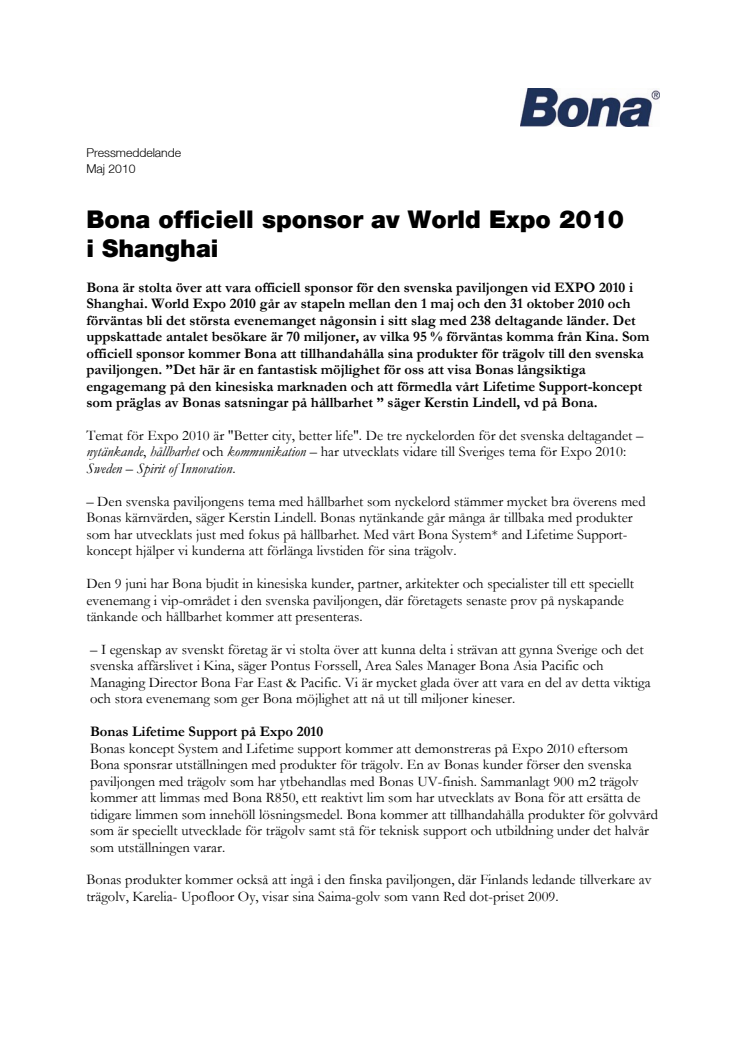 Bona officiell sponsor av World Expo 2010 
