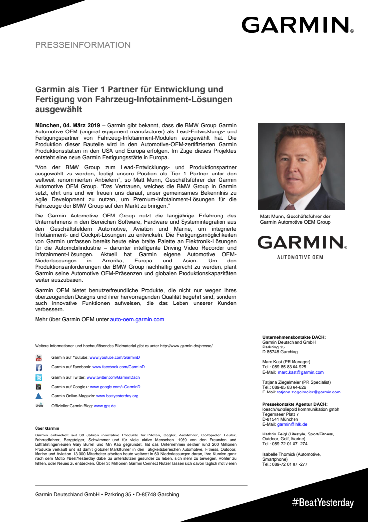 Garmin als Tier 1 Partner für Entwicklung und Fertigung von Fahrzeug-Infotainment-Lösungen ausgewählt