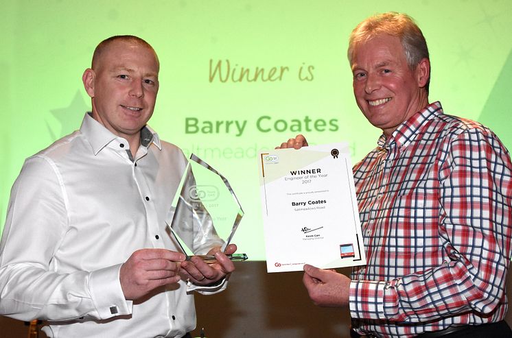 Engineer of the Year winner -  Michael Langwell collects on behalf of Barry Coates from Kevin Carr